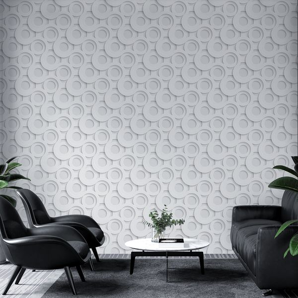 Papel de Parede Adesivo 3D Círculos Cinza e Branco aplicado em sala de estar