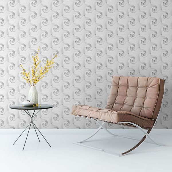 Papel de Parede Adesivo 3D Cinza e Branco Ondas em sala de estar com poltrona marrom