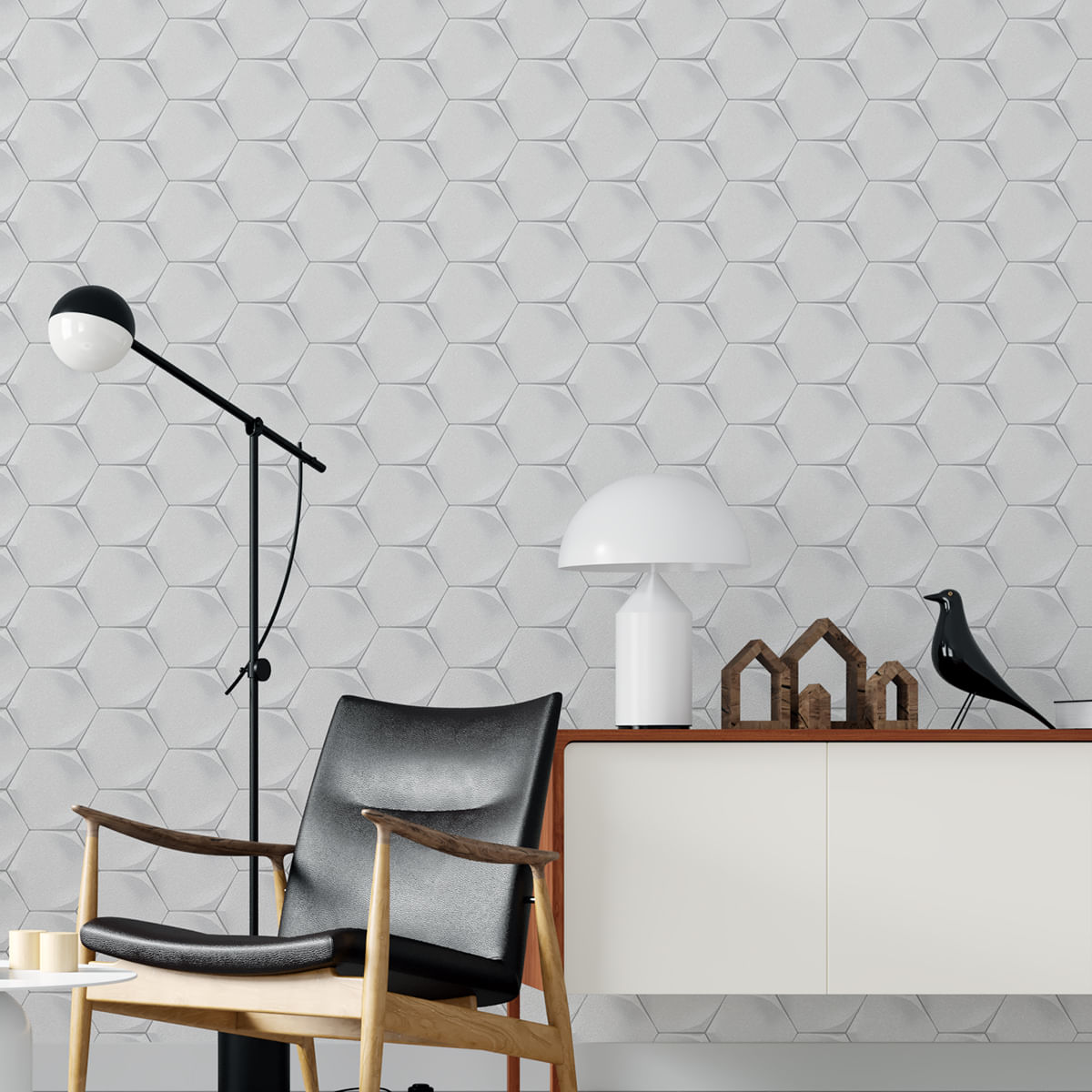 Papel de Parede Adesivo 3D Polygon Cinza e Branco - Medidas: 48 x 300 cm