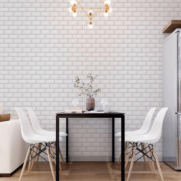 papel de parede adesivo branco com textura de tijolinhos na cozinha