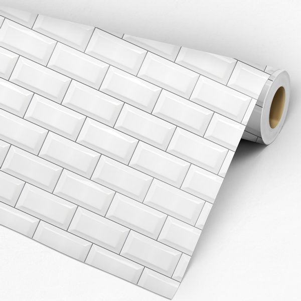 rolo de papel de parede adesivo branco com textura de tijolinhos