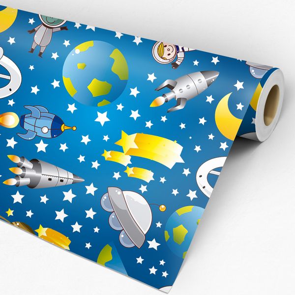 Rolo  papel de parede com fundo azul e aplicações de ilustrações de itens espaciais