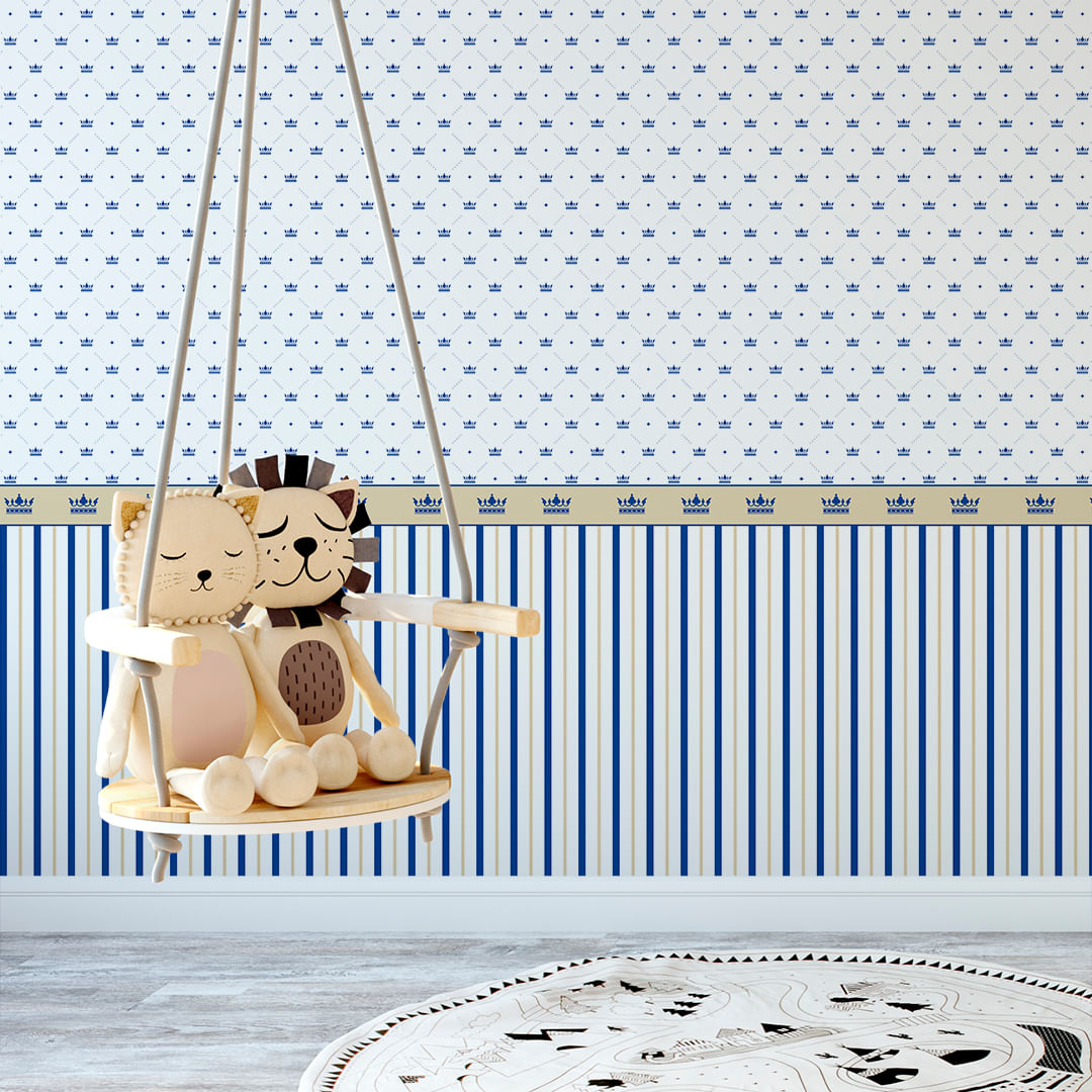 Papel de Parede Adesivo Infantil Azul e Bege Coroas - Medidas: 48 x 300 cm