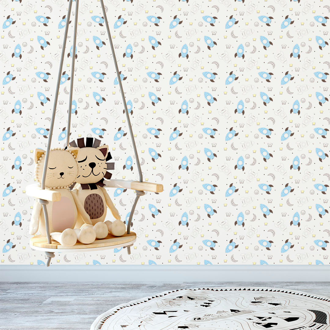 Papel de Parede Adesivo Infantil Branco Espacial Foguetes e Estrelas - Medidas: 48 x 300 cm