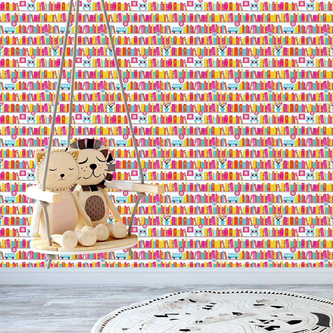 Papel de Parede Adesivo Infantil Branco Estante com Livros, Corujas e Flores - Medidas: 48 x 300 cm