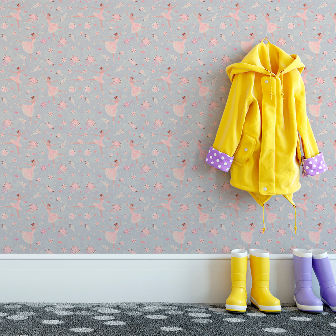 Papel de Parede Adesivo Infantil Lilás Florido com Bailarina - Medidas: 48 x 300 cm
