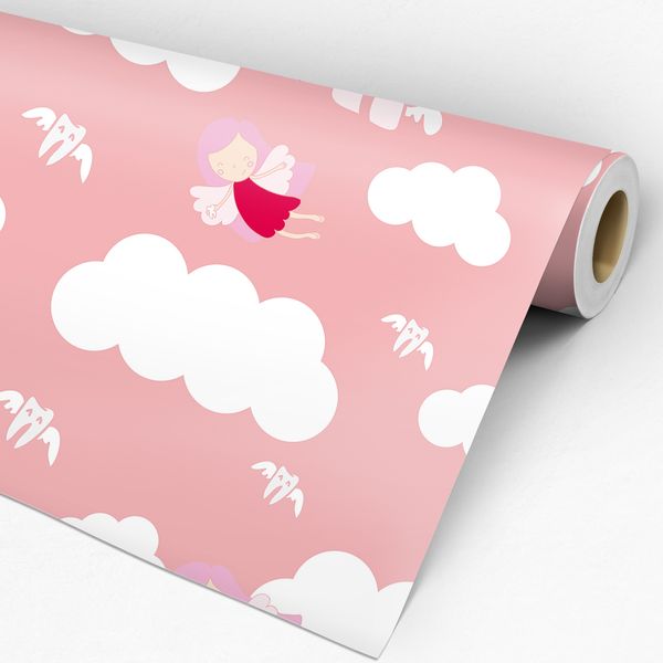 Rolo de papel de parede adesivo fundo rosa e nuvens brancos