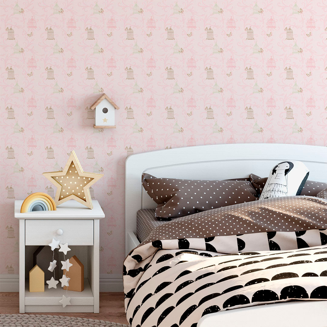 Papel de Parede Adesivo Infantil Rosa Borboletas e Gaiola - Medidas: 48 x 300 cm