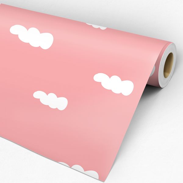 Rolo de papel adesivo infantil rosa com nuvens brancas