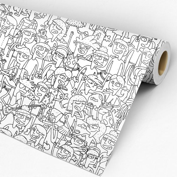 rolo de papel de parede cartoon com pessoas desenhadas