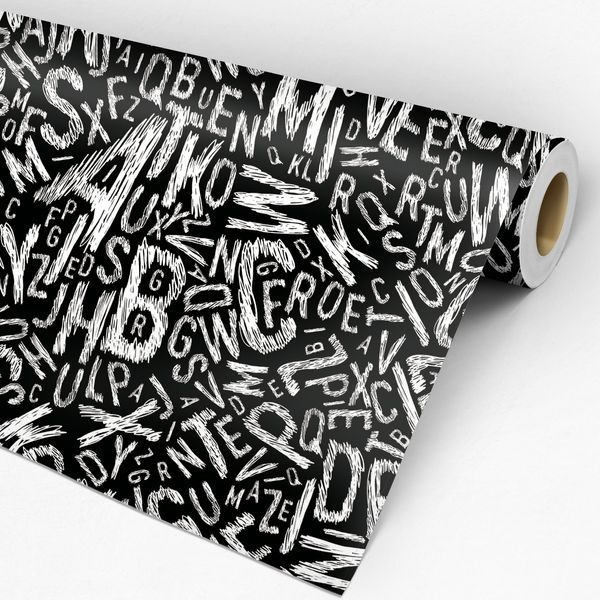 rolo de papel de parede preto e branco com letras do alfabeto