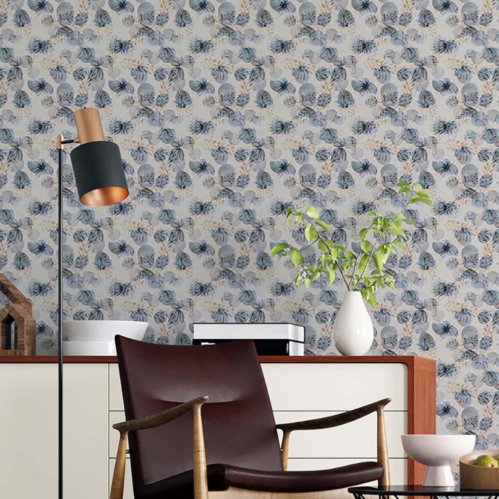 Papel de Parede Adesivo Floral Bege e Azul - Medidas: 48 x 300 cm