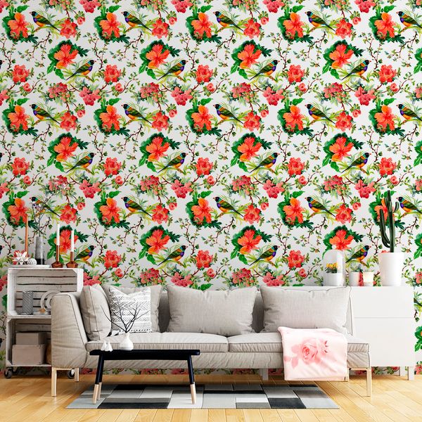 Papel de parede adesivo floral com pássaros colorido