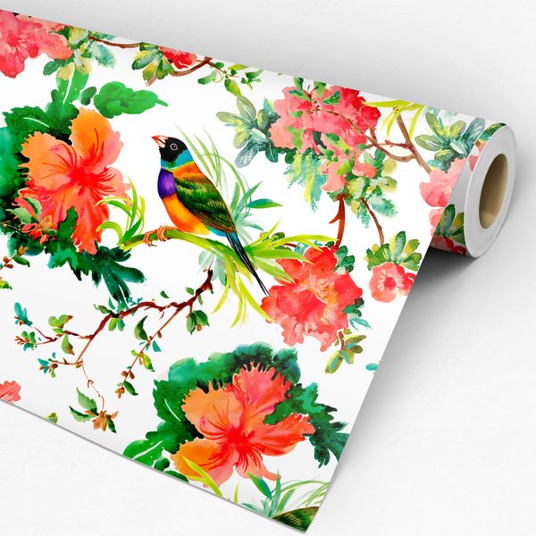 rolo de Papel de parede adesivo para sala floral com pássaros colorido