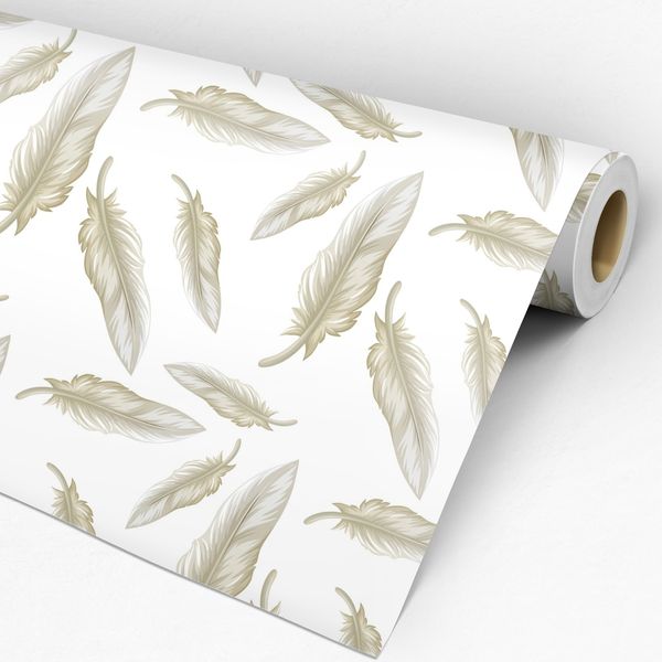 Rolo de papel de parede adesivo fundo branco com ilustração de penas