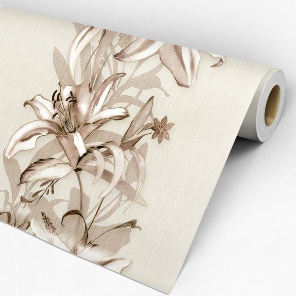 Rolo de papel de parede adesivo floral fundo lirio bege