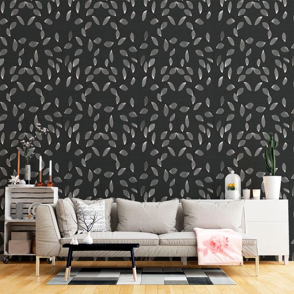 Papel de Parede Adesivo Floral Preto e Cinza aplicada em parede de sala de estar