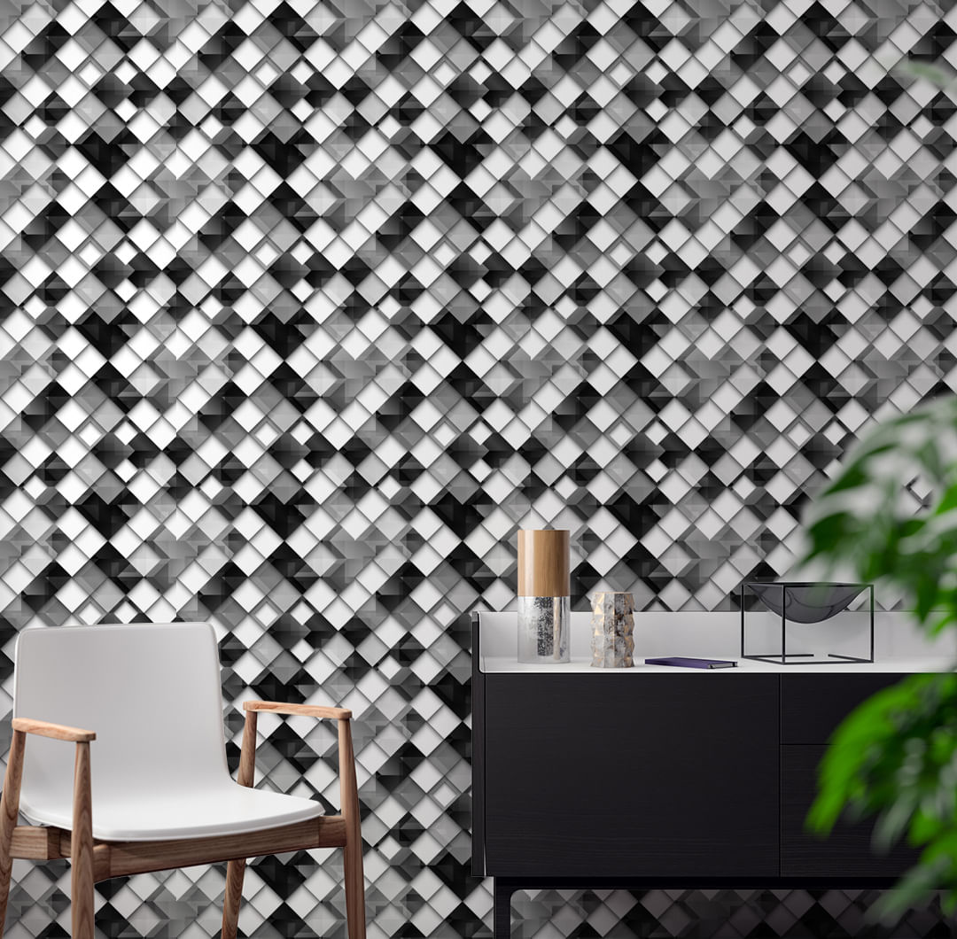 Papel de Parede Adesivo Geométrico Ladrilhos Preto e Cinza