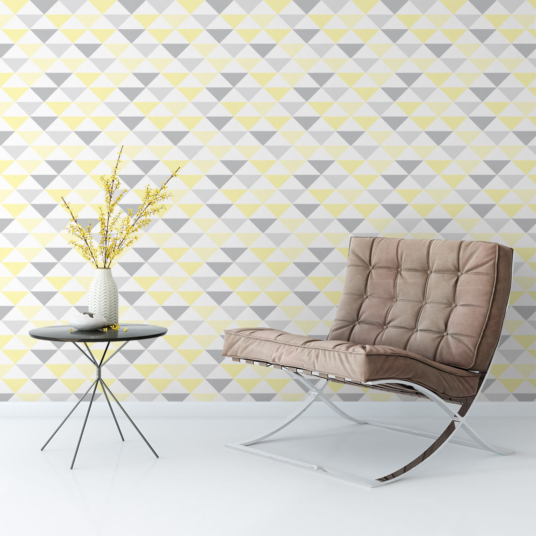 Papel de Parede Adesivo Geométrico Triângulos Amarelo e Cinza - Medidas: 48 x 300 cm