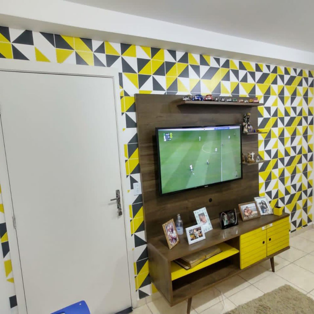 Papel de Parede Adesivo Geométrico Triângulos Amarelo e Cinza - Medidas: 48 x 300 cm