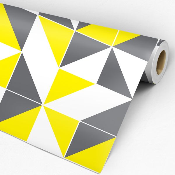 rolo papel de parede adesivo triangulos cinza e amarelo despojado