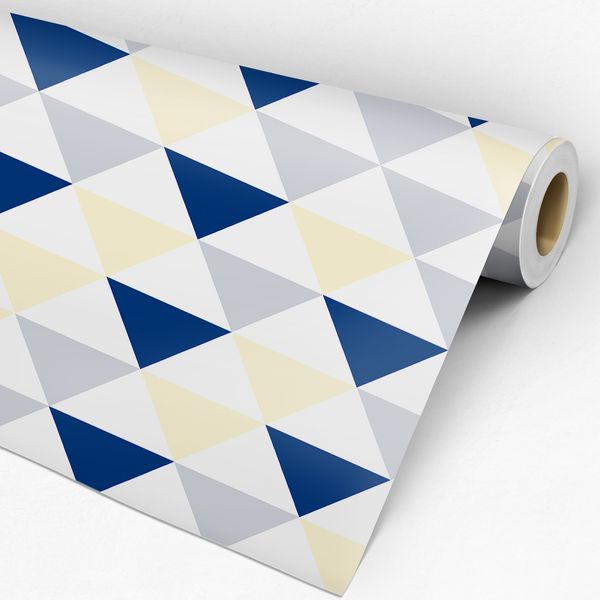 Papel de Parede Adesivo Geométrico Triângulos Azul, Cinza e Amarelo