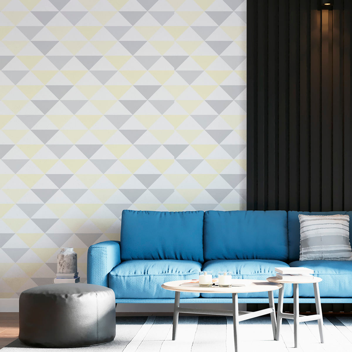 Papel de Parede Adesivo Geométrico Triângulos Cinza e Amarelo - Medidas: 48 x 300 cm