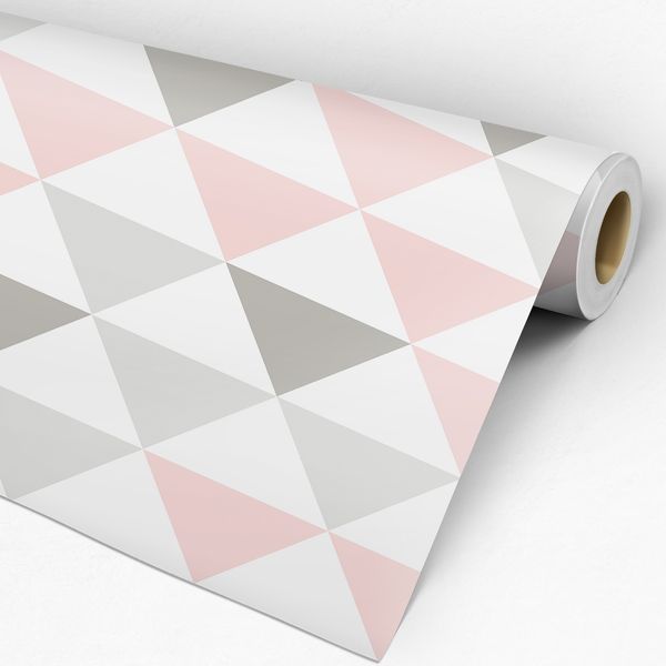 Rolo de papel de parede adesivo geométrico cinza e rosa