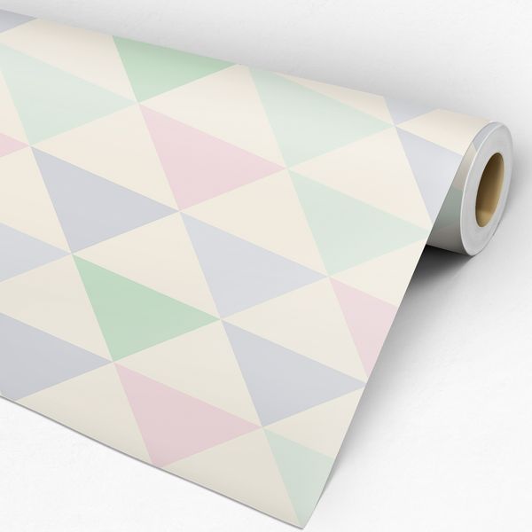 Rolo de Papel de Parede Adesivo Geométrico Triângulos Cinza, Rosa e Verde