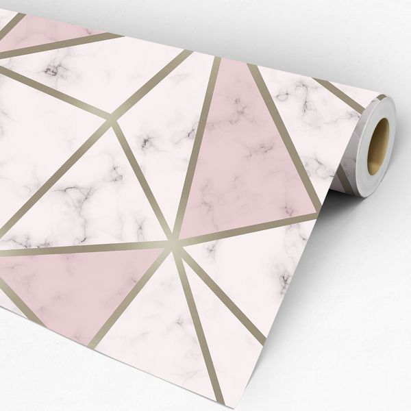 Rolo de papel de Parede Adesivo Geométrico Triângulos Mármore Zara Marble Rosa