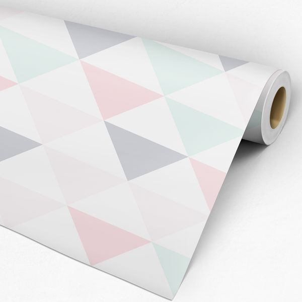 Papel de Parede Adesivo Geométrico Triângulos Rosa, Cinza e Verde