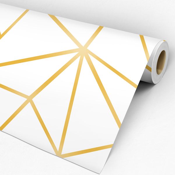 Rolo de Papel de Parede Adesivo Geométrico Triângulos Zara Branco e Dourado