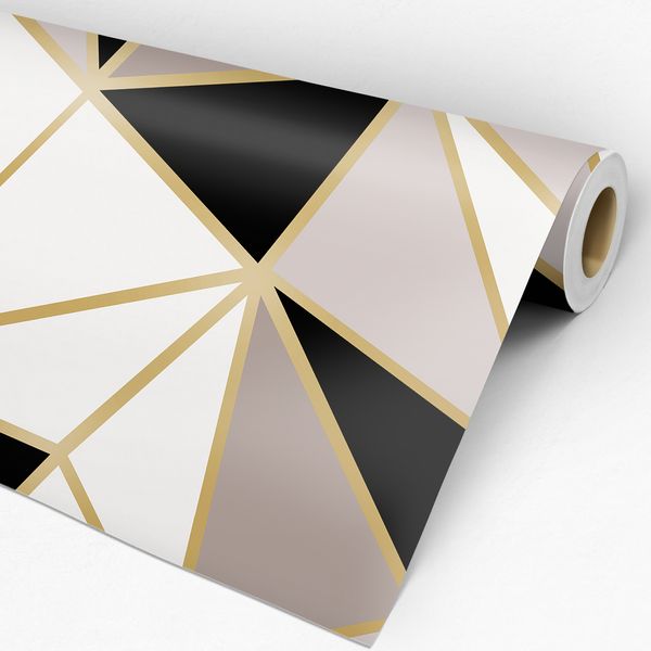 Rolo de Papel de Parede Adesivo Geométrico Triângulos Grandes nas cores Preto, Branco e Dourado