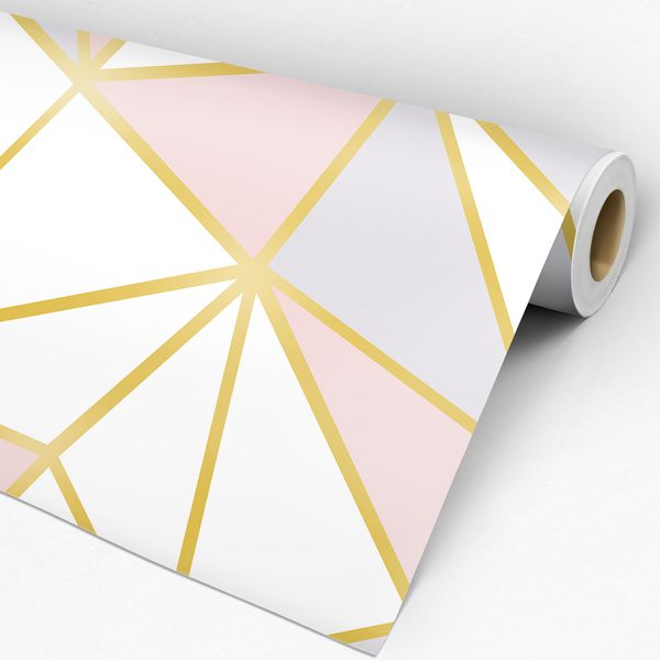 Rolo de papel de Parede Adesivo Geométrico Triângulos Zara Rosa, Lilás e Dourado