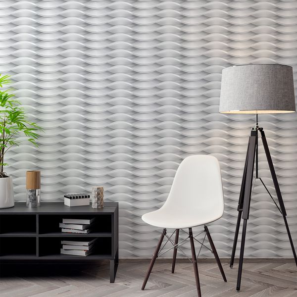 Papel de Parede Adesivo Geométrico Ondas 3D Cinza em sala de estar com abajour e cadeira branca