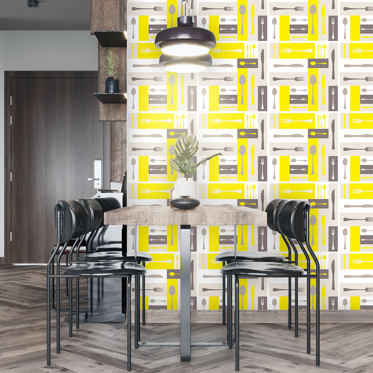 Papel de Parede Adesivo Gourmet Amarelo Garfos Colheres Facas - Medidas: 48 x 300 cm
