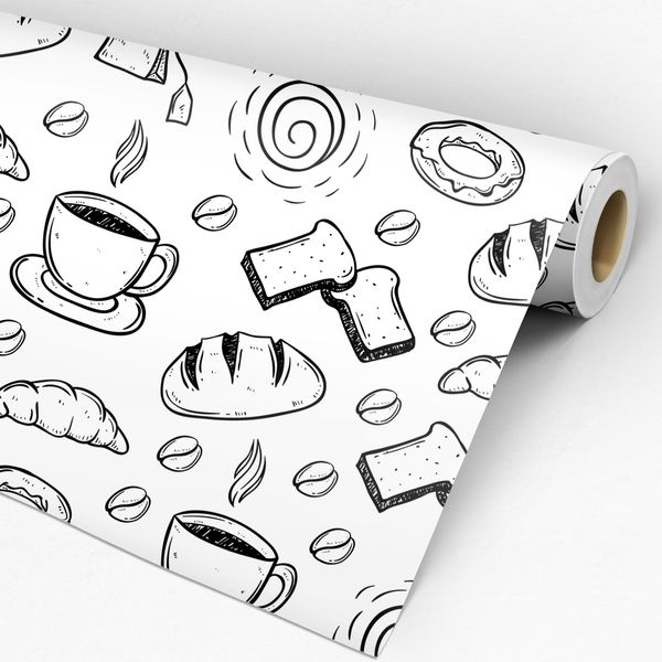 Rolo de papel de parede adesivo fundo branco com ilustrações de comidas de café da manhã