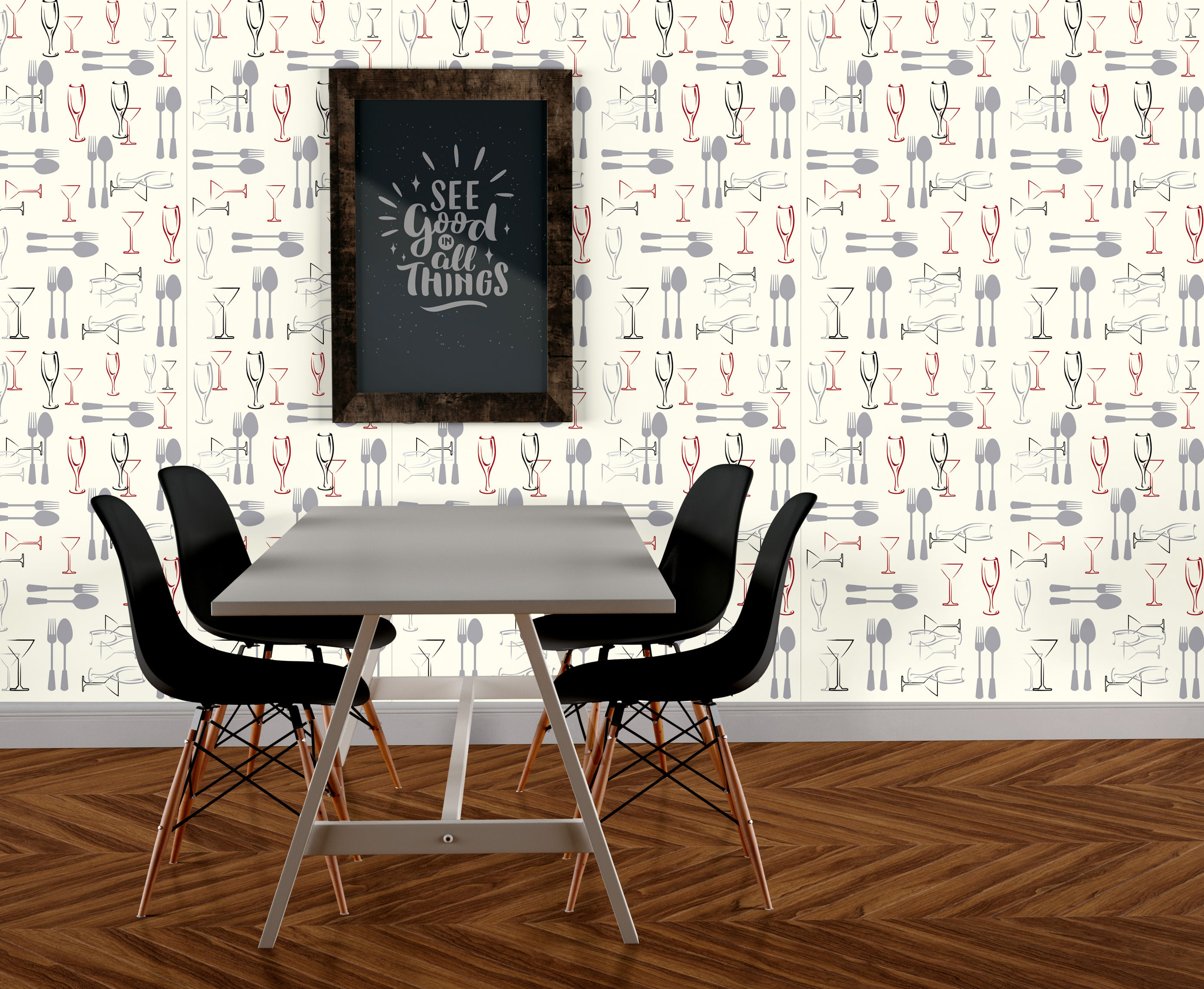 Papel de Parede Adesivo Gourmet Branco Restaurante Talheres Taças - Medidas: 48 x 300 cm