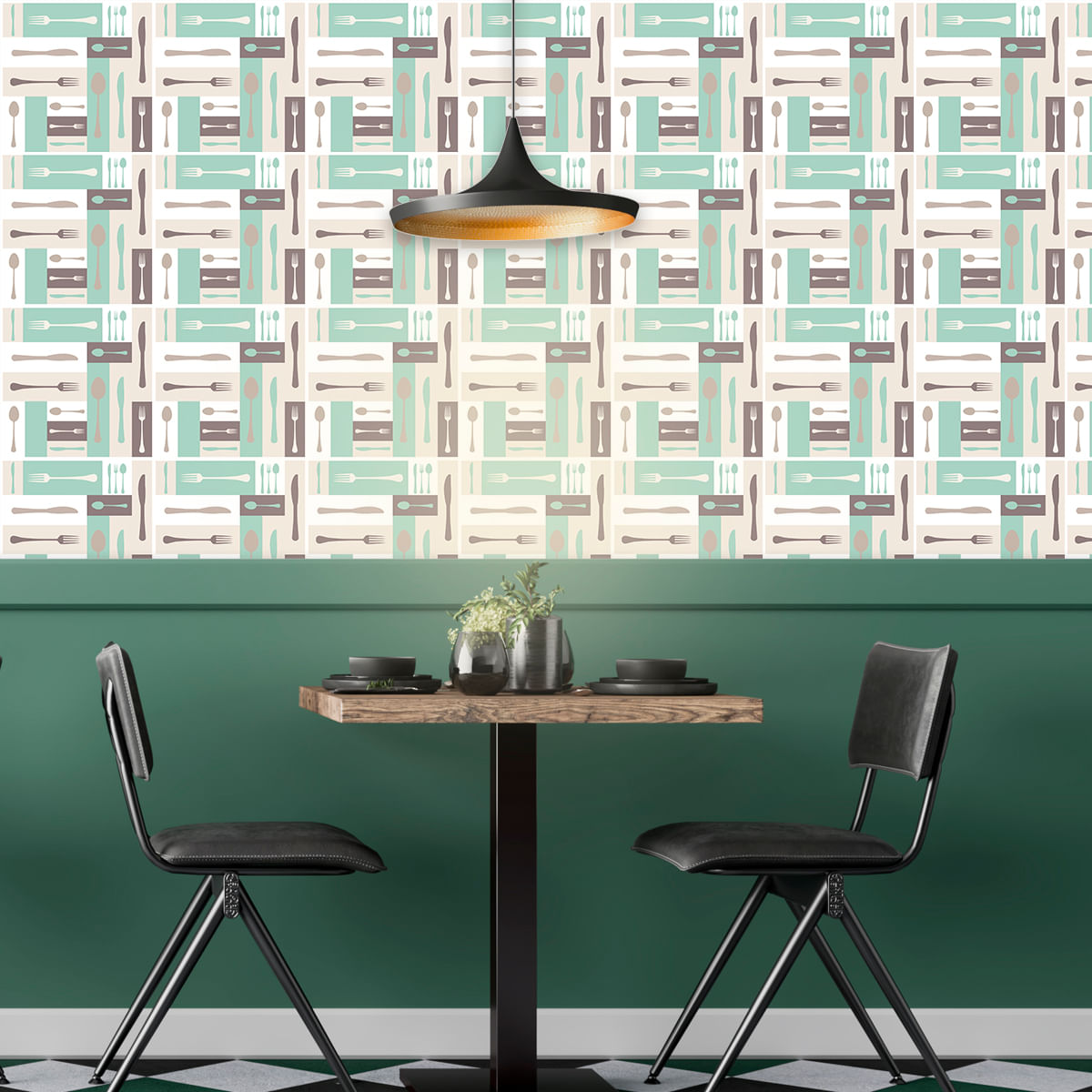 Papel de Parede Adesivo Gourmet Restaurante Garfo Colher Faca Verde - Medidas: 48 x 300 cm