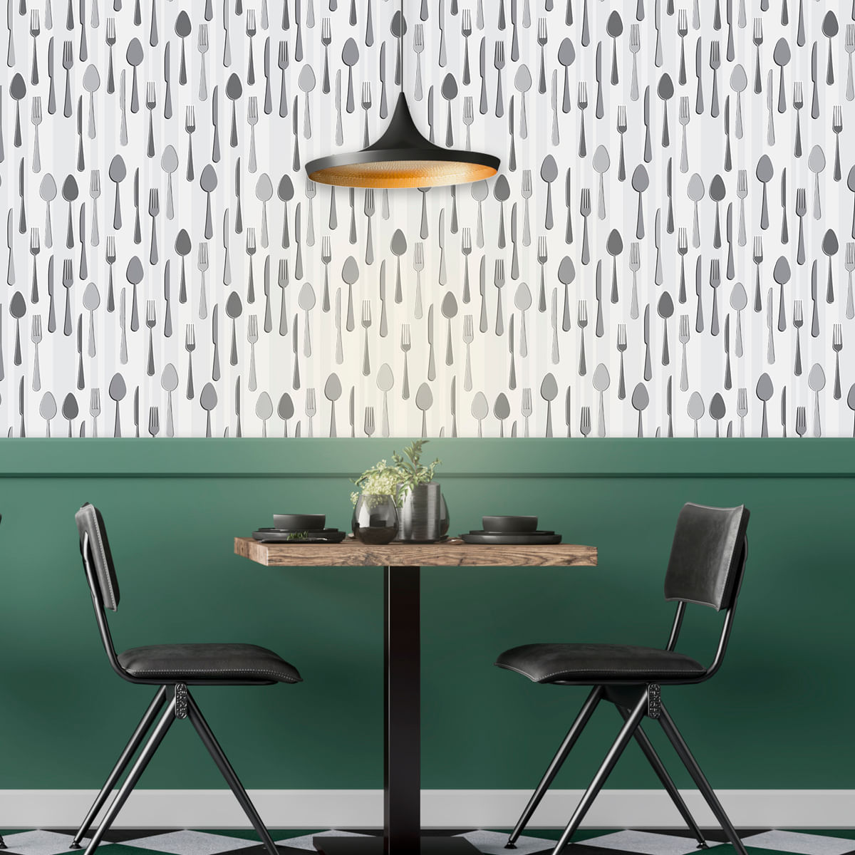 Papel de Parede Adesivo Gourmet Restaurante Talheres Cinza - Medidas: 48 x 300 cm
