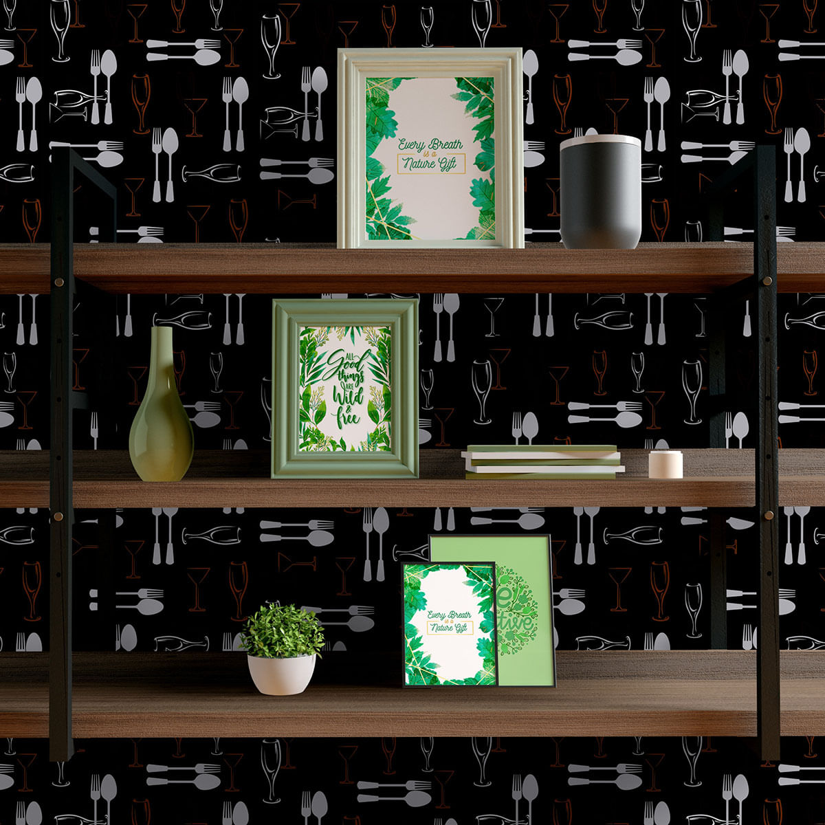 Papel de Parede Adesivo Gourmet Talheres e Taças Preto - Medidas: 48 x 300 cm