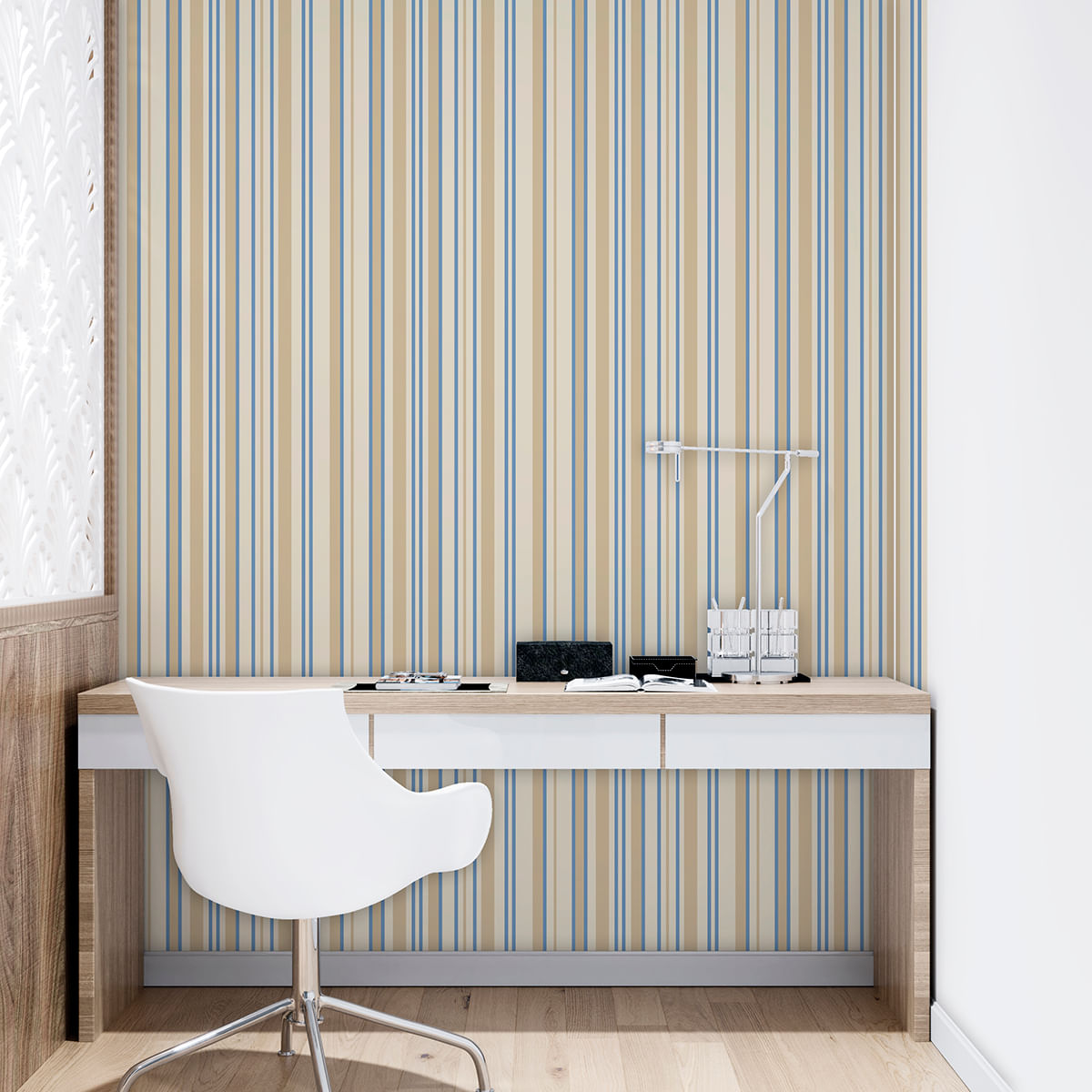 Papel de Parede Adesivo Listrado Bege e Azul - Medidas: 48 x 300 cm