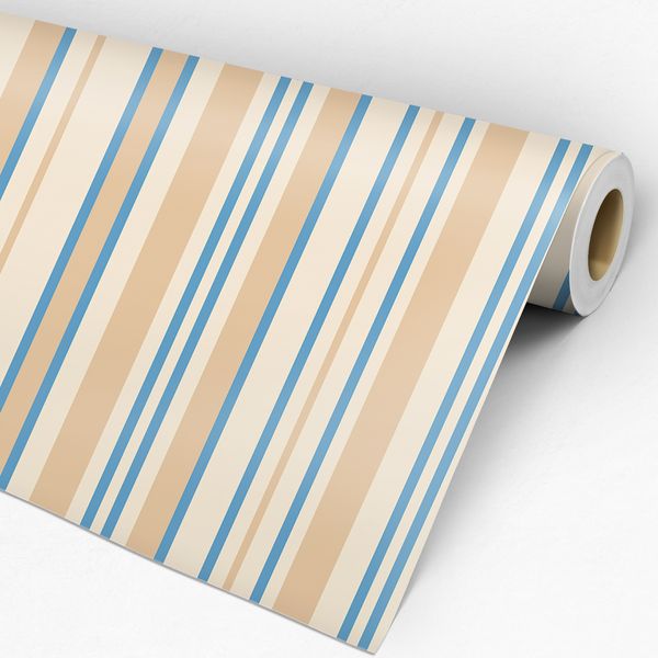 Rolo de papel de parede listrado  bege e azul