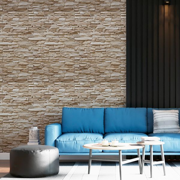 Papel de parede de pedras em filete aplicado em sala de estar