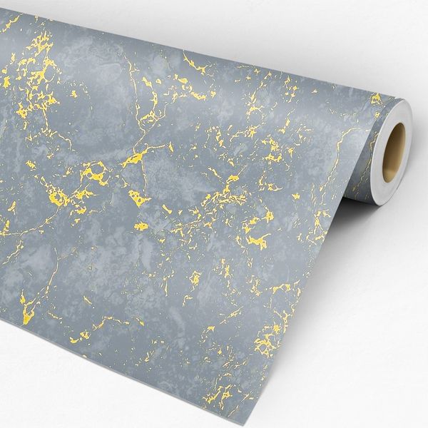 Rolo de papel adesivo Textura Mármore Cinza Escuro e Dourado