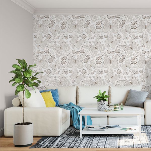 Papel de Parede Adesivo Teens Flores E Borboletas Marrom aplicado em parede de sala de estar com sofá branco grande