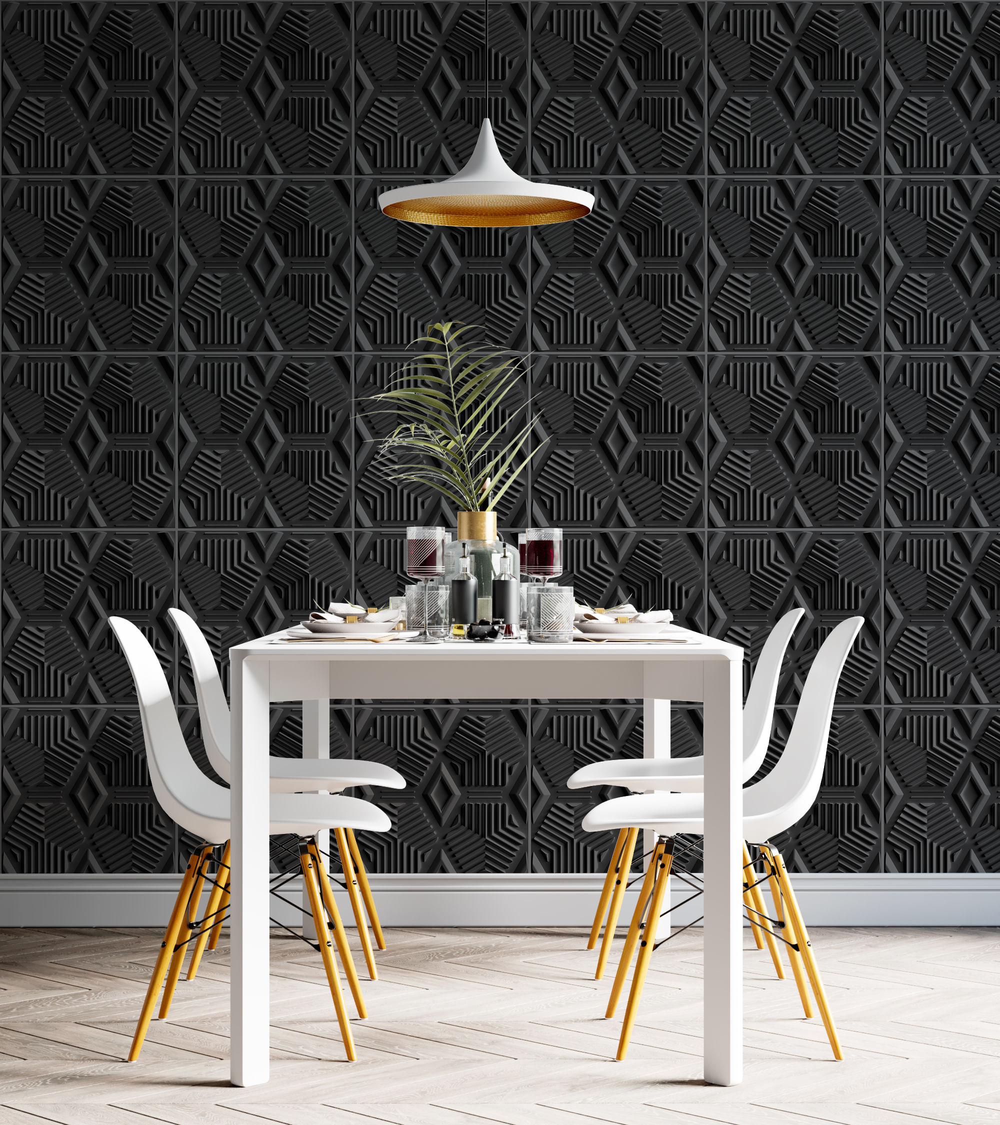 Placa 3D Decorativa Classic Autoadesiva de Poliestireno 50 x 50 cm - Modelo: Hexagonal Preta